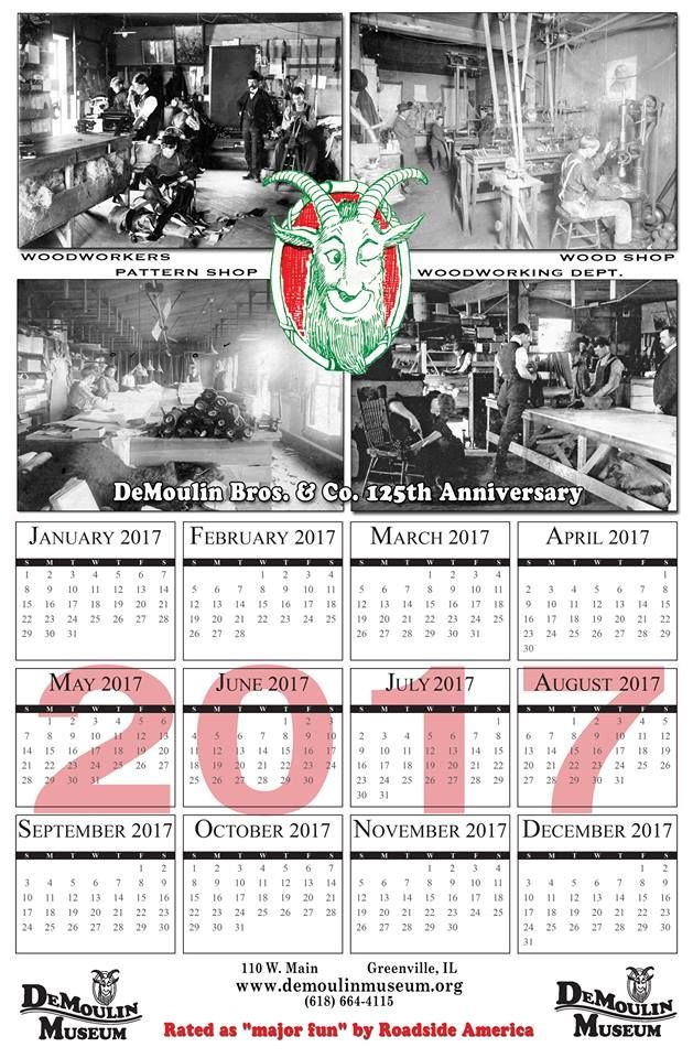First DeMoulin Museum Calendar, featuring four early 1900s photos of the DeMoulin factory.