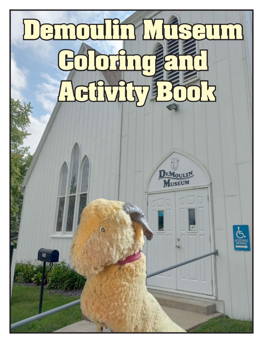 front page of coloring and activity book shows lifelike goat form upholstered in yellow wool in front of a white church building repurposed into a quirky museum