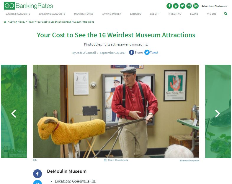 GoBankingRates Your Cost to See the 16 Weirdest Museum Attractions website screenshot.